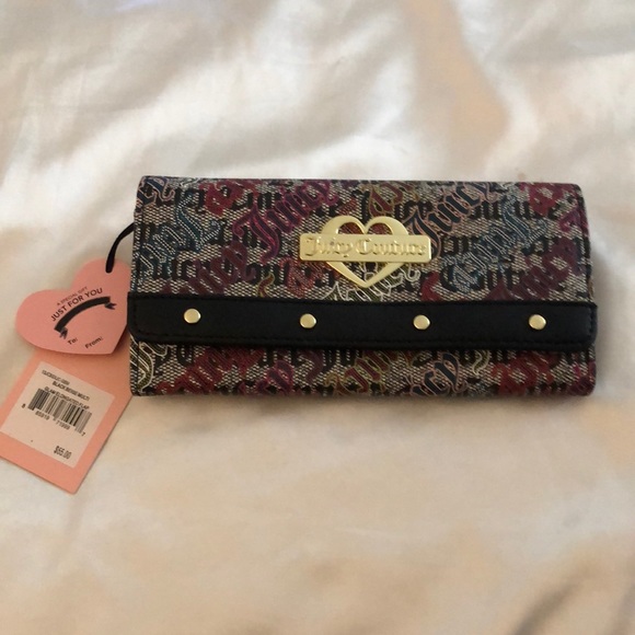 Juicy Couture Black Beige Multi Faux Leather Glam Elongated Flap Wallet NWT - Picture 3 of 13